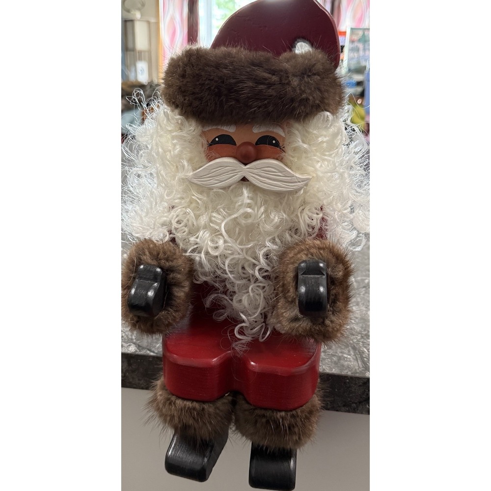 Santa‎ Wooden Shelf Sitter Fur Trimmed Hand Painted Blocky Heavy